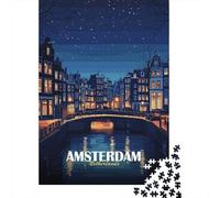 Amsterdam Netherlands Night Cityscape 1000 Piece Jigsaw Puzzle, Landmark Urban View, 1000 Pieces for Adults, for Travel Lovers, Screen-Free Fun, 52x38cm/1000pcs