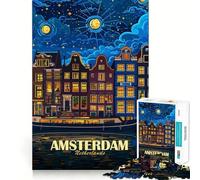 Amsterdam Netherlands Night Cityscape Art 1000 Jigsaw Puzzle Cognitive Fun Play Clean Cut Sturdy Components Quiet Time Mind Exercise at Home (38x52cm)