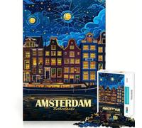 Amsterdam Netherlands Night Cityscape Art Jigsaw Puzzle 1000 Piece Mind Train Fun Burr Free Clean Cut Pieces Absorbing Activity for Quiet Nights (38x26cm)