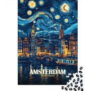 Amsterdam Netherlands Starry Night Art 1000-Piece Jigsaw Puzzle for Adults, 52x38cm/1000pcs, January Puzzle Activity, Winter Downtime And A Calmer Routine