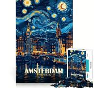 Amsterdam Netherlands Starry Night Art 1000 Pieces Puzzles for Adults Mind Exercise Play Precision Cut Smooth Edges Relaxing Indoor Group Activity (38x26cm)