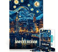 Amsterdam Netherlands Starry Night Art Adult Jigsaw1000 Pieces Cognitive Train Game Tight Interlock No Gaps Calming Mental Break Activity (50x75cm)