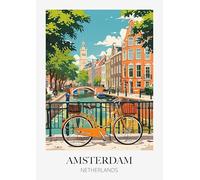 Amsterdam Netherlands Vintage Travel Art Print, Canal Scene with Orange Bicycle, Wall Poster. Size A4