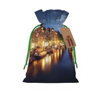 Amsterdam Night View Printed Christmas Drawstring Bags,M | Reusable Xmas Gift Storage Bags, Green Christmas Ribbon