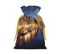 Amsterdam Night View Printed Christmas Drawstring Bags,M | Reusable Xmas Gift Storage Bags, Yellow Christmas Ribbon