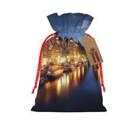 Amsterdam Night View Printed Christmas Drawstring Bags,S | Reusable Xmas Gift Storage Bags, Red Christmas Ribbon