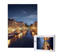 Amsterdam Night View Printed Jigsaw Puzzle with Storage Box, Wooden Puzzle for Adults and Kids, 1000 Pieces Family Fun Decorative Game