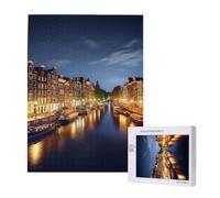Amsterdam Night View Printed Jigsaw Puzzle with Storage Box, Wooden Puzzle for Adults and Kids, 500 Pieces Family Fun Decorative Game