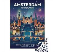 Amsterdam Nighttime Cityscape 1000 Piece Jigsaw Puzzle, Romantic City Break Scene, Thick Cardboard Pieces, Relaxing Challenge for Puzzle Lovers, Adult Puzzle, 52x38cm/1000pcs