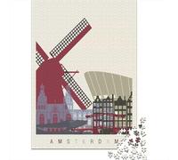 Amsterdam Skyline Illustration Adult Paper Puzzle, Urban Skyscraper View, Thick Cardboard Pieces, Relaxing Challenge for Travel Lovers, Travel Gift, 38x26cm/1000pcs