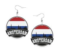 Amsterdam Skyline With Dutch Printed Round Earrings For Women, 1 Pair Lightweight Leather Pierced Earrings Set Trendy Jewelry Gifts For Women Girls