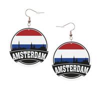 Amsterdam Skyline With Dutch Printed Round Earrings For Women, 1 Pair Lightweight Leather Pierced Earrings Set Trendy Jewelry Gifts For Women Girls