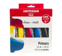 Amsterdam Standard Series Acrylic Paint Mixing Set (5 x 120 ml Tubes) | Primary Colors + Black & White | + 3 Free Dosing Nozzles