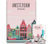 Amsterdam Travel Vintage Jigsaw Puzzles for Teenagers 1000 Piece Puzzle,Game Toys Every Piece Is Unique - Challenging Family Fun Game 38x26cm
