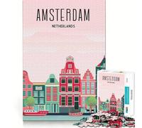 Amsterdam Travel Vintage Jigsaw Puzzles1000 Pieces Cognitive Train Fun Flawless Interlocking Pieces Birthday Gift Brain Teaser Toy (50x75cm)