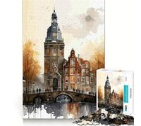 Amsterdam Watercolor City Adults 1000 Piece Jigsaw Puzzle Think Exercise Game Zero Gap Bonding Activity for Loved Ones (38x26cm)