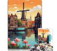 Amsterdam Windmill Travel 1000 Piece Jigsaw Puzzles for Teenagers Gifts,Decompressing Intellectual Educational Toy Secret Santa Gifts 38x26cm