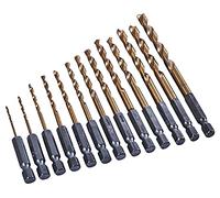 Amtech - 13pc Titanium Nitride Coated HSS Drill Bit Set, smooth low-friction drilling in wood, plastic & metals, organised for site and workshop use, sizes 1.5-6.5mm, 1/4" hex