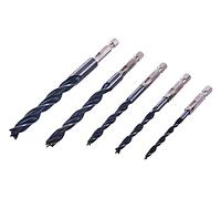 Amtech - 5pc hex shank wood drill bit set, brad-point carbon steel, 1/4" quick-release, accurate pilot and clearance holes, 4/5/6/8/10mm