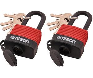Amtech T0760 40mm Long Shackle Weatherproof Padlock, Outdoor Padlock, 4 Keys, Wide Range of Security Applications Black & Red (Pack of 2)
