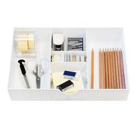 Amtido Desk Drawer Organiser Tray for Office Stationary Supplies & Accessories - Sleek 3 Compartments Stationery Organisers with 2 Adjustable Dividers - White Desk Tidy Organiser