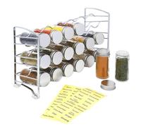 Amtido Spice Rack Storage - 3 Tier Metal Spice Rack Organiser with 18 Empty Glass Jar Bottles and 48 Sticker Labels - Stylish Herbs and Spices Organiser for Kitchen Cupboard Island and Pantry - Chrome