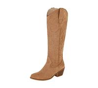 Amtopiyo Women's Embroidered Cowboy Boots Western Under Knee Pull On Chunky Heel Boots SH028-Brown-44-UK8