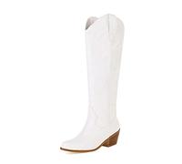 Amtopiyo Women's Embroidered Cowboy Boots Western Under Knee Pull On Chunky Heel Boots SH028-White-44-UK8