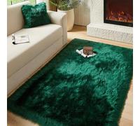 AMTOVO Faux Fur Sheepskin Rug for Living Room, 4 x 6 ft Dark Green Fluffy Area Rug for Bedroom, Playroom, Luxury Room Decor, Rectangle