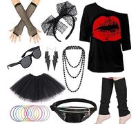 Amtum 80s Fancy Dress 80s Accessories with 80s T Shirts,Tutu,Glasses,Bumbag,Fishnet Gloves,Leg Warmers,Necklace 1980s Costume Outfits Retro Neon 80s Party Fancy Dress Up Red M, Black