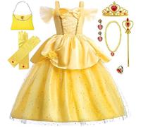 Amtum Belle Dress Up For Girls Kids Princess Belle Costume With Crown Fairy Wand Necklace Bag Set For Halloween Christmas Outfit Princess Fancy Dress,B-120cm