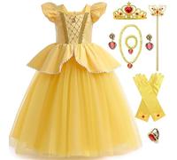Amtum Belle Dress Up For Girls Kids Princess Belle Costume With Crown Fairy Wand Necklace Bag Set For Halloween Christmas Outfit Princess Fancy Dress,A-130cm