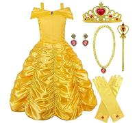 Amtum Belle Dress up for Girls Princess Belle Costume Fancy Dress Up with Accessories Girls Belle Dress Costume Halloween Carnival Kids Birthday Cosplay Party Outfit 6-7 Years,01 Yellow 130