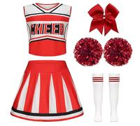 Amtum Cheerleader Outfit Kids Cheerleader Fancy Dress Uniform High SchoolWith Pom Poms Musical Uniform Outfit,Red-160cm