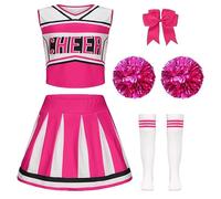 Amtum Cheerleader Outfit Kids Cheerleader Fancy Dress Uniform High SchoolWith Pom Poms Musical Uniform Outfit,Pink-140cm