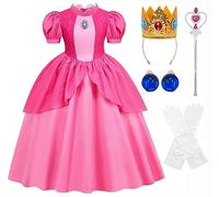 Amtum Girls Princess Peach Costume Kids Peach Dress with Accessories Crown Deluxe Girls Princess Peach Fancy Dress for Party Cosplay Birthday Party Halloween Christmas 4-5 Years Rose/110