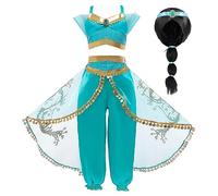 Amtum Jasmine Costume Kids Princess Jasmine Dress Up for Girls with Accessories Deluxe Girls Jasmine Fancy Dress for Party Cosplay Birthday Party Halloween Christmas 5-6 Years Wig/130
