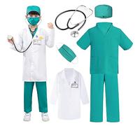 Amtum Kids Doctors Outfit Doctor Costume Kids with Lab Coat，Stethoscope，Scrubs Costume, Mask Doctor Nurse Dress Up Child Role Play Costumes for Boys & Girls 9 Years Green/140