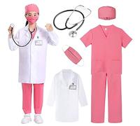 Amtum Kids Doctors Outfit Doctor Costume Kids with Lab Coat，Stethoscope，Scrubs Costume, Mask Doctor Nurse Dress Up Child Role Play Costumes for Girls 7-8 Years Pink/130