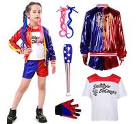 Amtum Quin-n Costume Kids Villain Costume Outfit Girls Quin-n Halloween Fancy Dress with Jacket T-Shirt Shorts Wig Gloves Baseball Bat World Book Day Carnival Cosplay Theme Party Children XL
