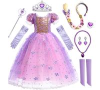 Amtum Rapunzel Dress Up For Girls Rapunzel Costumes With Braided Wig Crown Fairy Wand Necklace Sets Princess Rapunzel Party Tulle Fancy Dress Halloween Christmas Carnival Cosplay Costume,Purple 150