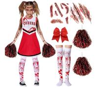 Amtum Zombie Cheerleader Costume Kids Dead Cheerleader Halloween Costume Kids Include Blood Dress Pantyhose Poms Stickers For Girls For Terror Theme Party,Red-160cm