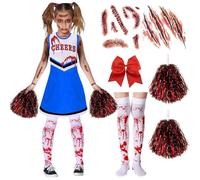 Amtum Zombie Cheerleader Costume Kids Dead Cheerleader Halloween Costume Kids Include Blood Dress Pantyhose Poms Stickers For Girls For Terror Theme Party,Blue-110cm