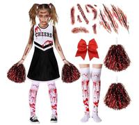 Amtum Zombie Cheerleader Costume Kids Dead Cheerleader Halloween Costume Kids Include Blood Dress Pantyhose Poms Stickers For Girls For Terror Theme Party,Black-110cm