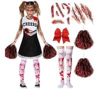 Amtum Zombie Cheerleader Costume Kids Dead Halloween Girls Zombie Cheerleader Halloween Costume Kids Cheer Leader Fancy Dress Outfit with Pompoms Socks Stickers Scary School Party,Black-120cm