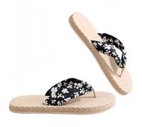 Amugagatop Womens Floral Pattern Slippers Grass Weave Non Slip Durable Lightweight Indoor Beach Slippers Fashion Casual, Black/White, 6.5 UK