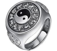 Amulet ring, Protection Wealth Ring, Vintage Enamel 925 Sterling Silver Ancient Chinese Symbol Yin Yang Spinner Ring with 12 Chinese Zodiac Signs for Men Women Open and Adjustable(djustable range R-V
