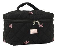 AMULOKRU 2 Pcs Cotton Quilted Coquette Makeup Bag - Aesthetic Floral Cute Cosmetic Pouch for Women Girls, Black, Floral,coquette,quilt