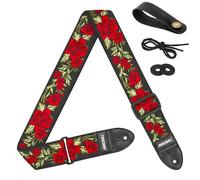 Amumu 2" Guitar Strap - Red Rose Embroidered Cotton with Vegan Leather Ends - for Acoustic, Electric, Bass Guitars, Adjustable 37'' to 63"