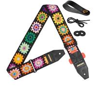 Amumu 2" MultiColor Crochet Woven Guitar Strap - Top Grain Leather Ends - for Acoustic, Electric, Bass Guitars, Adjustable 35'' to 59" -Black